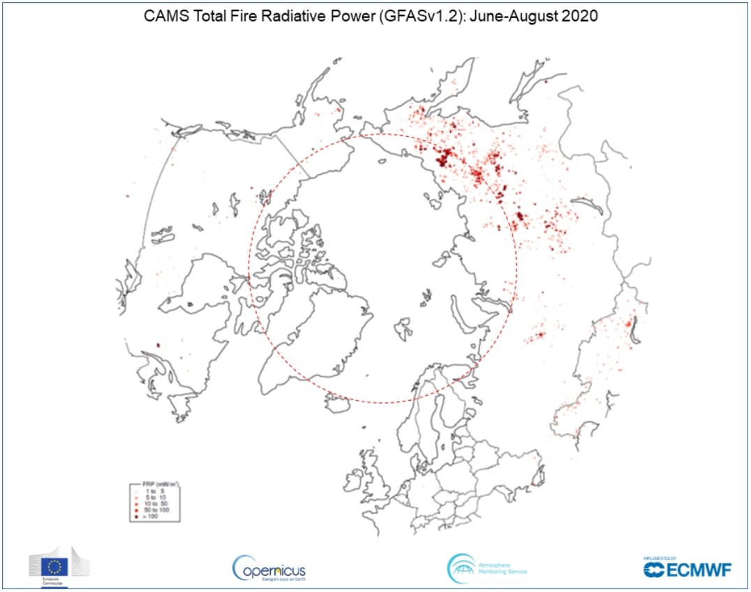 Arctic wildfires copernicus ESA 2020 june