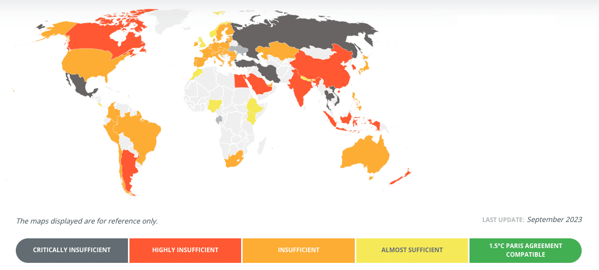 Paris agreement; NDCs for each country; Map by climate action tracker