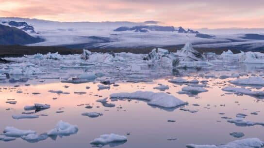 melting glacier; global warming; hottest decade on record.