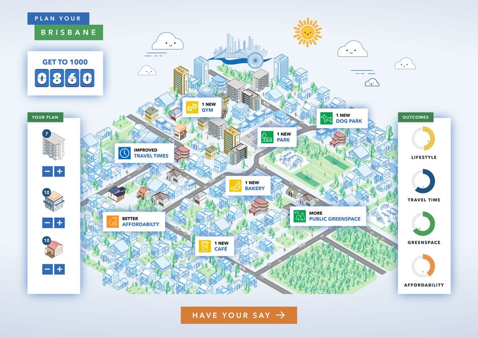Screenshot of the urban planning game “Plan Your Brisbane.”