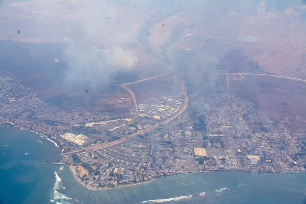 Wildfires in Maui: aerial view of Lahaina (Source: US Civil Air Patrol/Wikimedia Commons)
