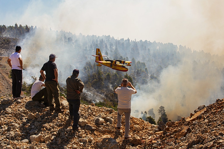 Locals look at burning forest during a wildfire on the island of Evia, Greece.