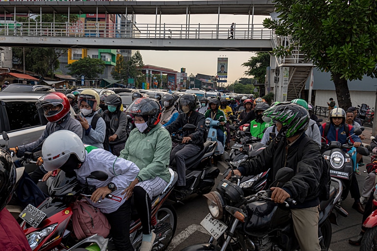 Heavy traffic during the morning rush hour in Jakarta, Indonesia