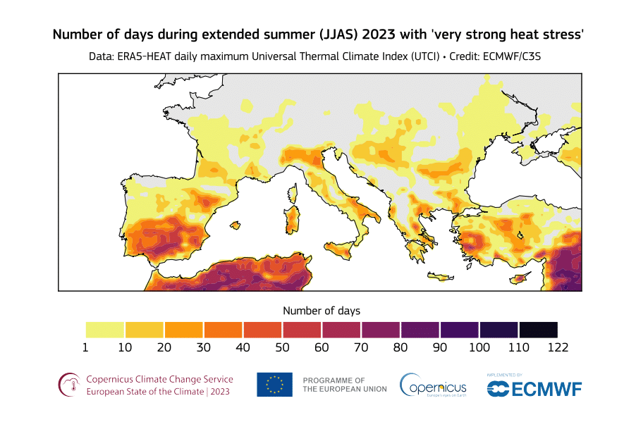 Number of days that experienced ‘very strong heat stress’ (UTCI between 38 and 46°C) during June, July, August and September 2023.