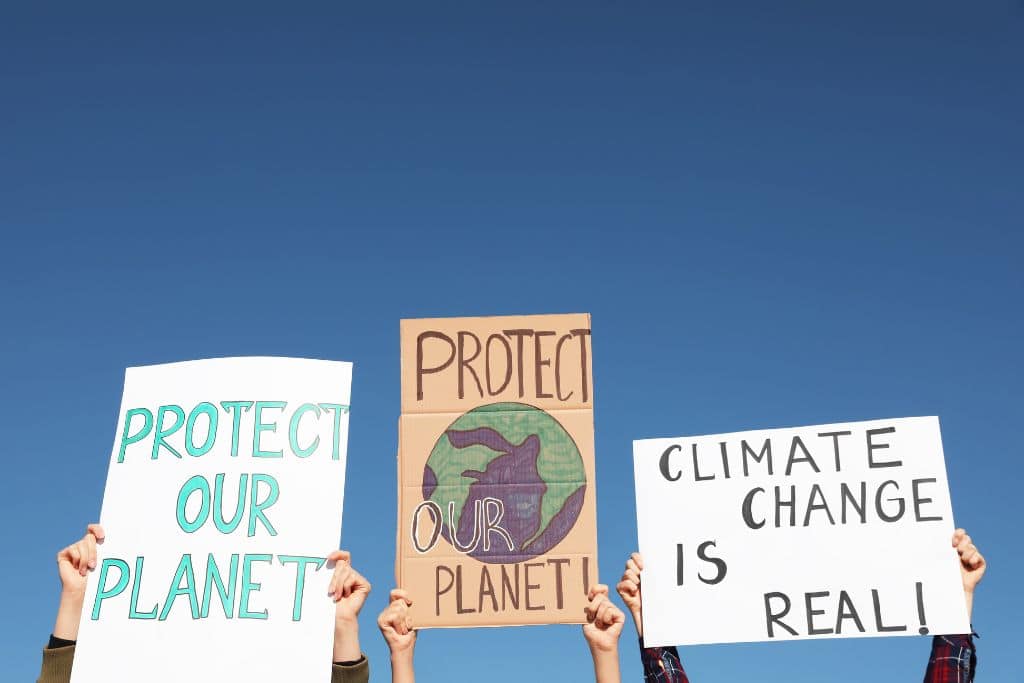 three people holding signs at a climate protest, urging for the protection of the planet and climate action