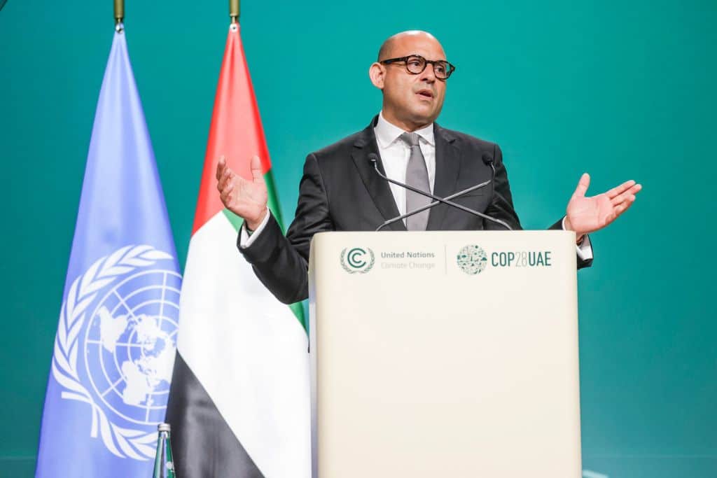 UN climate chief Simon Stiell speaking at COP28 in the United Arab Emirates in December 2024