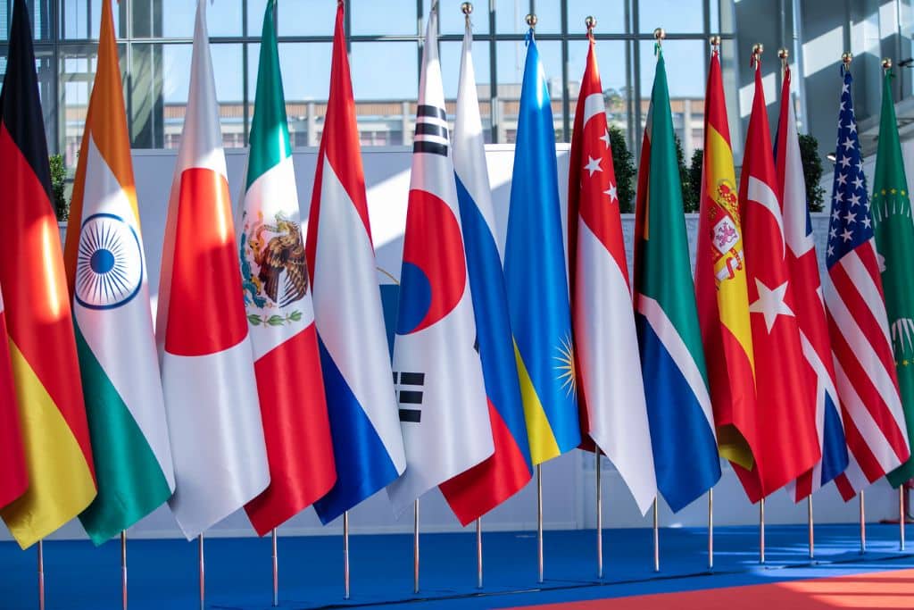 G20 flags showcased at the G20 meeting in Rome in October 2021.