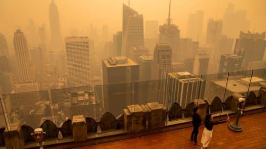 Smoke from wildfires in Quebec, Canada, blanket New York in a thick, orange haze on June 7, 2023.