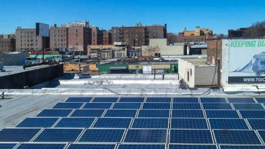 Solar panels on a roof in Queens, New York.
