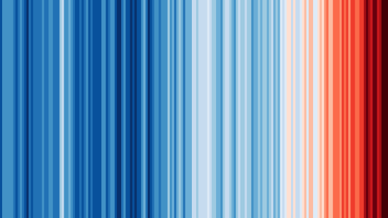 Warming stripes (1850-2025) by Ed Hawkins; #ShowYourStripes Day 2026.
