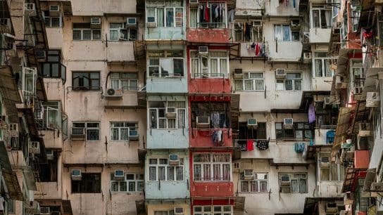 Old apartment building facade in Hong Kong.