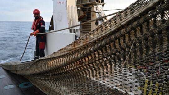 Bottom trawl net being deployed.