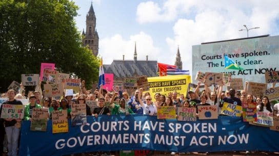Demonstrations in front of the Peace Palace in The Hague ahead of the court's delivery of its advisory opinion on climate change on July 23, 2025.