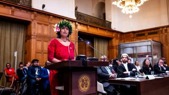 Pacific Islander speaks before the judges of the International Court of Justice (ICJ) during the hearings for an advisory opinion on climate change in December 2024.