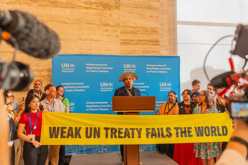 Press conference at  the second part of the fifth session of the Intergovernmental Negotiating Committee on plastic pollution, including in the marine environment (INC-5.2) in Geneva, Switzerland.