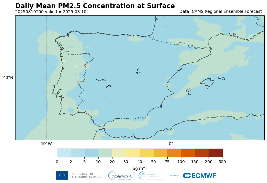 Daily mean PM2.5 concentrations at the surface from the CAMS regional ensemble forecasts between 10 and 19 August 2025.