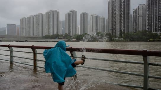 A kid plays in Hong Kong.