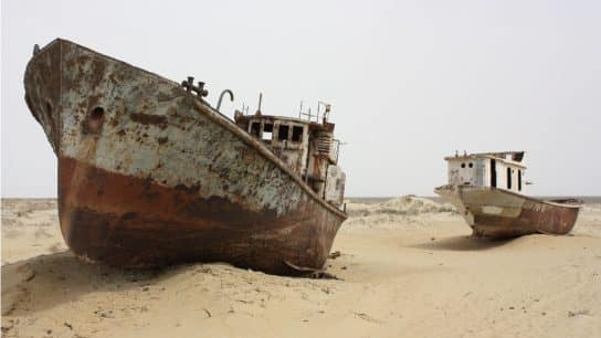 Formerly one of the four largest lakes in the world with an area of 68,000 km², the Aral Sea has been steadily shrinking since the 1960s after the rivers that fed it were diverted by Soviet irrigation projects.