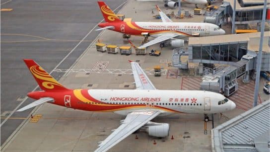 Commercial airplanes at the Hong Kong International Airport.