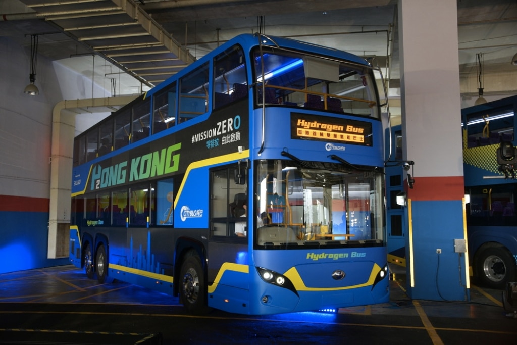 Citybus' hydrogen fuel cell-powered double-deck bus in Hong Kong.