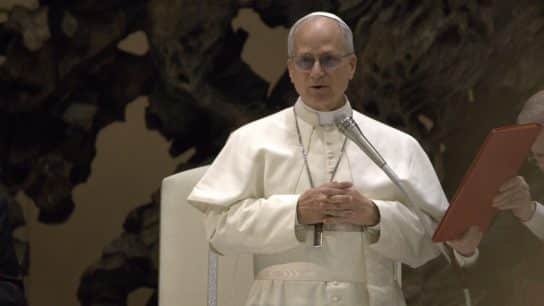 Pope Leo XIV during an audience with the media on May 12, 2025.