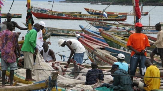 Fishermen at work in Tombo village, one of the largest fishing villages in Sierra Leone.