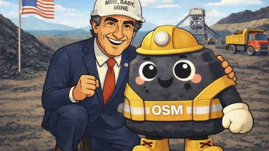 US Interior Secretary Doug Burgum alongside the coal "Coalie" mascott, which is dressed in a helmet, boots, and gloves.