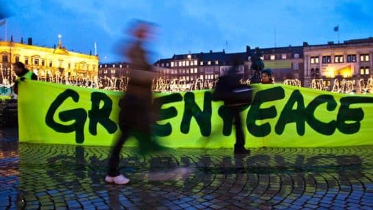 Greenpeace activists hold a banner in the centre of Copenhagen, calling passers-by to join the Climate Action Day demonstration ahead of the COP15 climate summit.