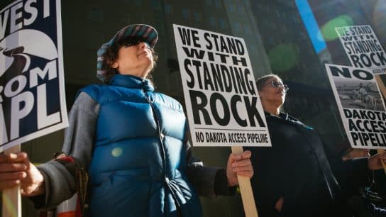 People stand in solidarity with the Standing Rock Sioux tribe and the Water Protectors in San Francisco on December 1, 2016.