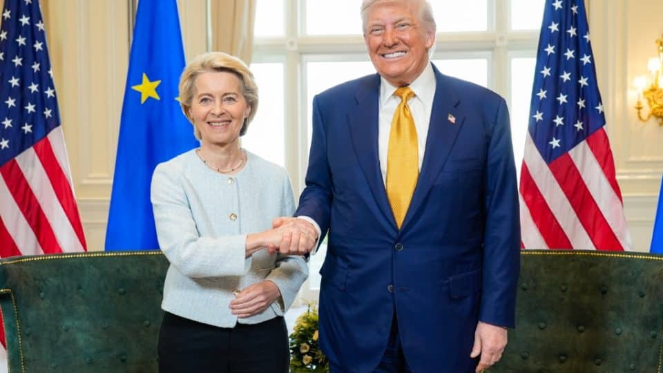 Ursula von der Leyen, president of the European Commission, meets Donald Trump, President of the United States, in Scotland to discuss transatlantic trade relations.