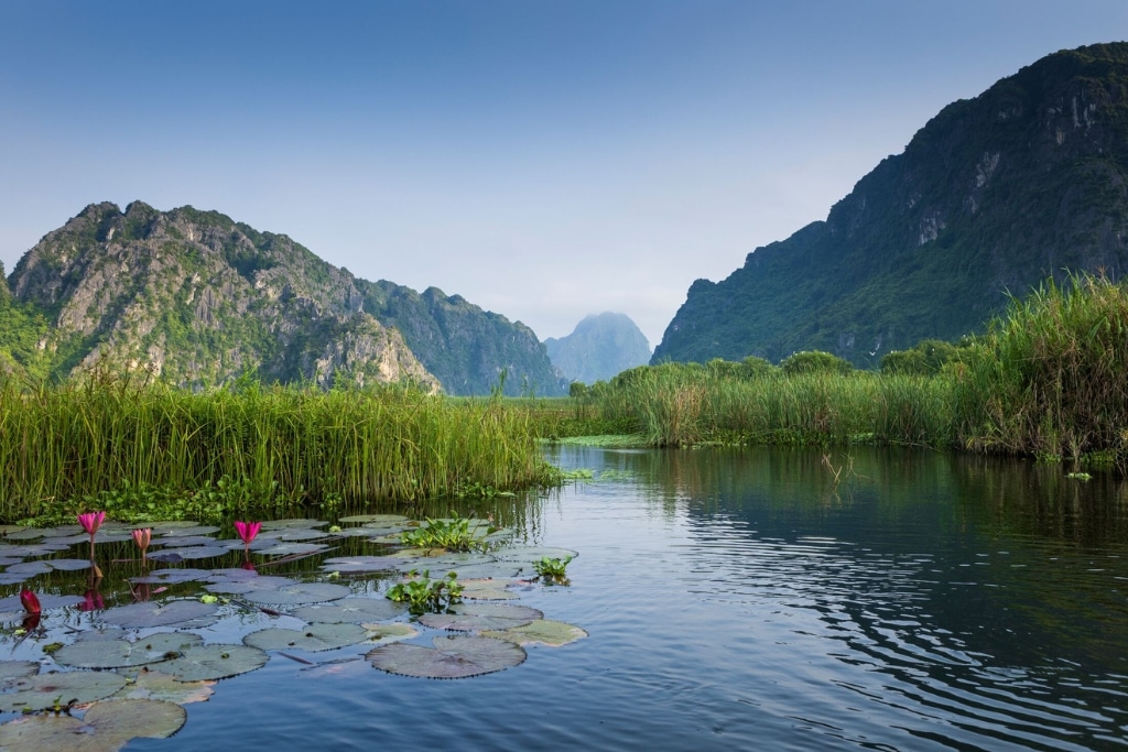The limestone karst mountains of the Van Long Nature Reserve serve as an important refuge for remaining Delacour’s langurs.