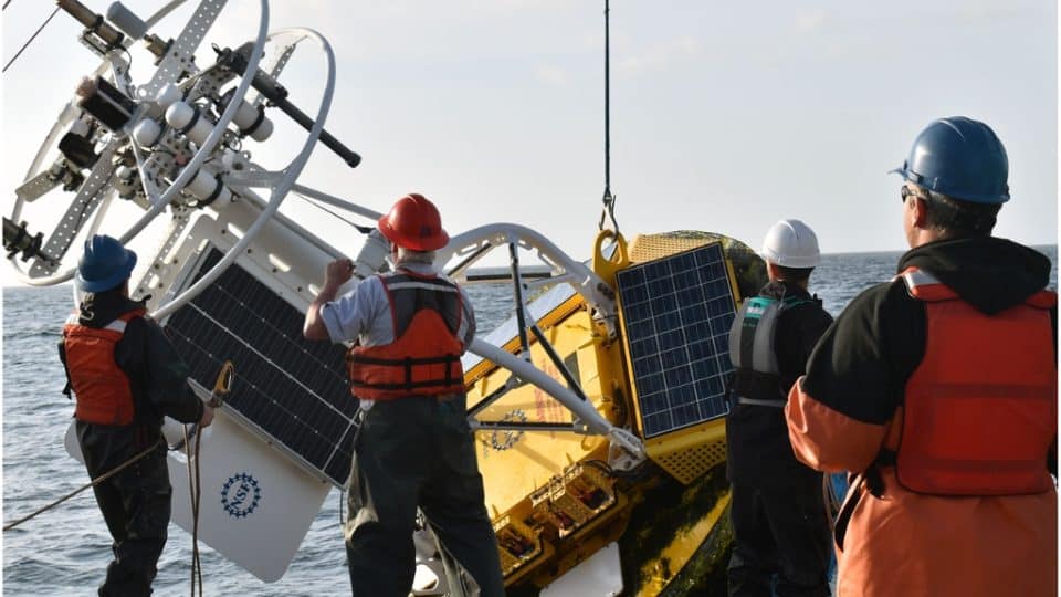 Recovering of large Coastal Surface mooring buoys by the Ocean Observatories Initiative.
