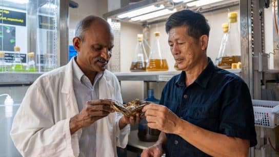 Professor Thiyagarajan Vengatesen of the University of Hong Kong (left) examines some of the salt-tolerant “super oysters” his team have developed and introduced to local growers. Chan Kwok Leung (right) is one such grower, and has been working closely with the researchers.