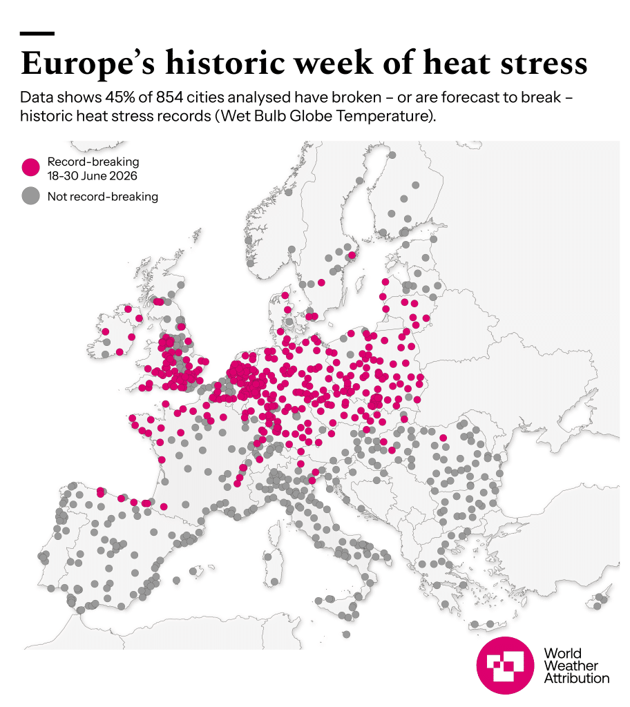 45% of 854 analyzed cities with a population of over 50,000 have broken or are forecast to break their all time Wet Bulb Globe Temperature (a measure of heat stress) record this week.