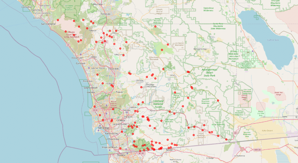 Figure 1: San Diego County wildfire occurrence map from 2019 to 2025. Data: Cal Fire.